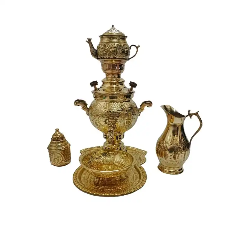 سرویس سماور ذغالی 6 پارچه برنجی مدل سرباز هخامنشی کد H-1252