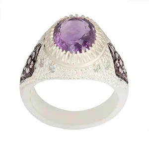 انگشتر نقره مردانه بازرگانی میلادی مدل  سنگ آمیتیست تراش جواهری رکاب قلمزنی دستساز کد AM_2370