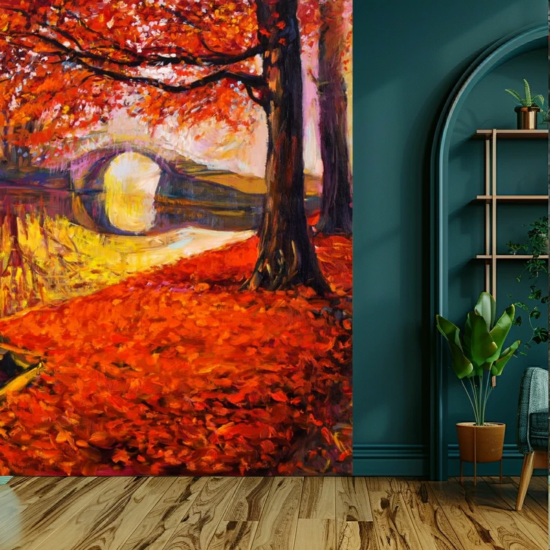 کاغذ دیواری طرح نقاشی پل و درخت پائیزی کد KF662