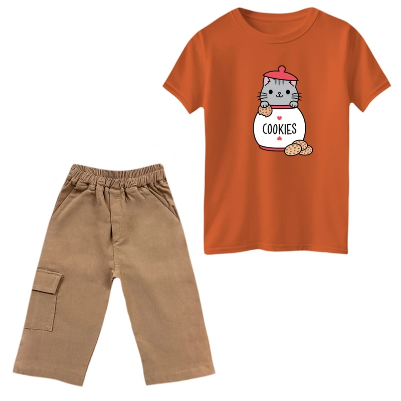 ست تی‌شرت و شلوارک دخترانه مدل گربه و کوکی