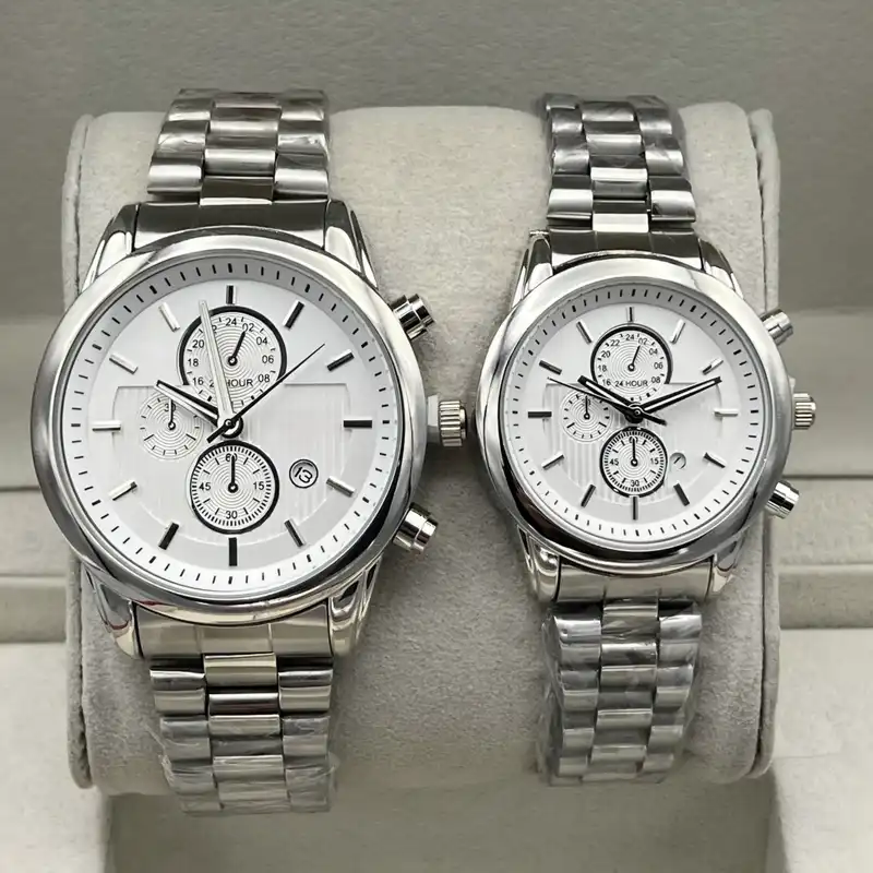 ست ساعت مچی عقربه ای زنانه و مردانه مدل تک موتوره تقویم دار بند فلزی کد 1