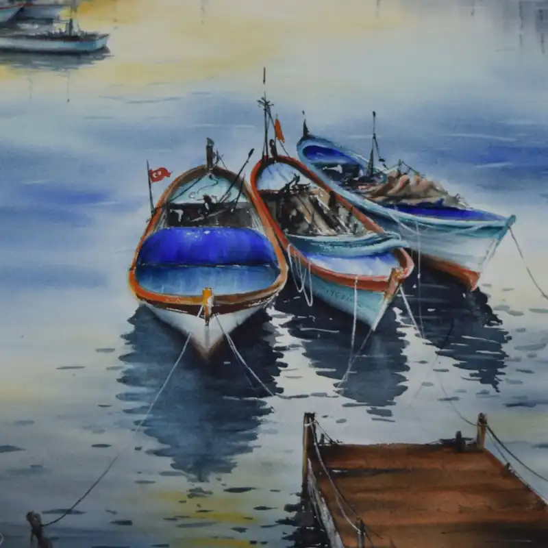 نقاشی آبرنگ طرح قایق در دریاچه کد 010