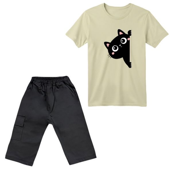 ست تی‌شرت آستین کوتاه و شلوارک پسرانه مدل گربه سیاه 