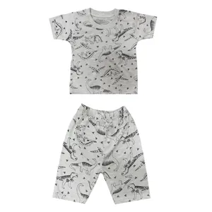 ست تی شرت و شلوارک بچگانه مدل دایناسور رنگ طوسی