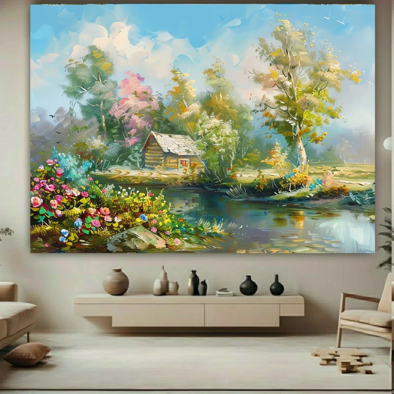 پوستر پارچه ای طرح مخمل  رودخانه و طبیعت مدل کلبه تنها کد BK27446
