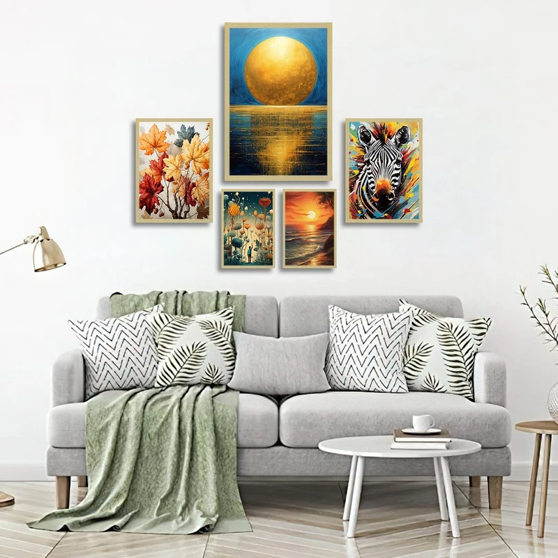 تابلو بکلیت طرح نقاشی پاییزی و غروب خورشید مدل BE-1360 مجموعه 5 عددی