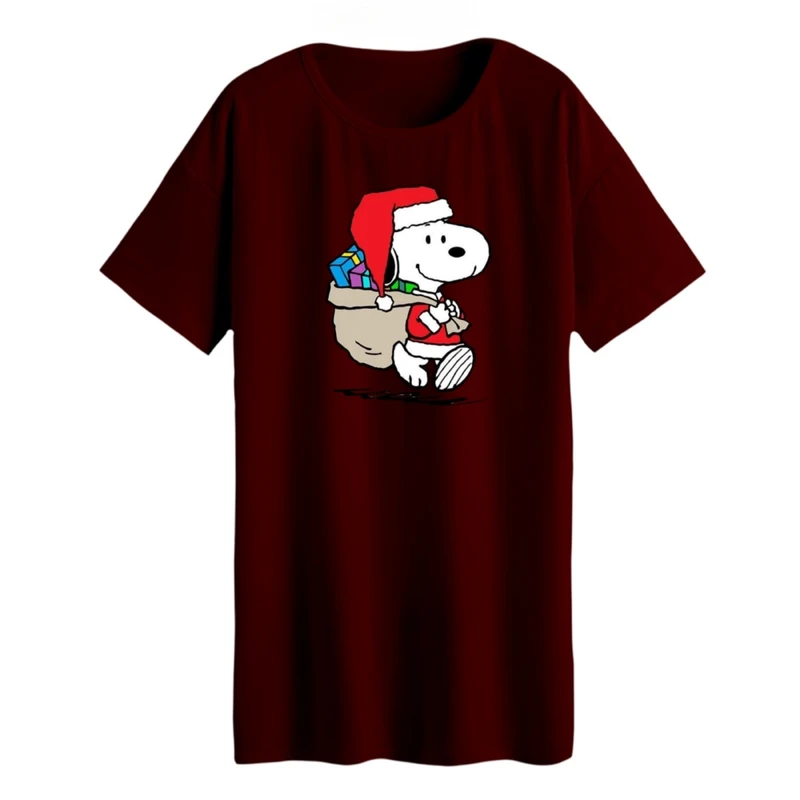 تی شرت لانگ آستین کوتاه  زنانه مدل اسنوپی کریسمس کد 2 رنگ زرشکی