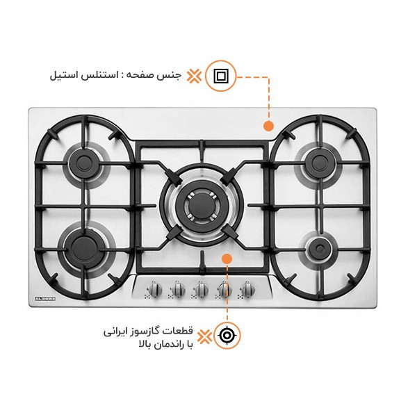 اجاق گاز صفحه‌ای پنج شعله استیل البرز مدل S5955