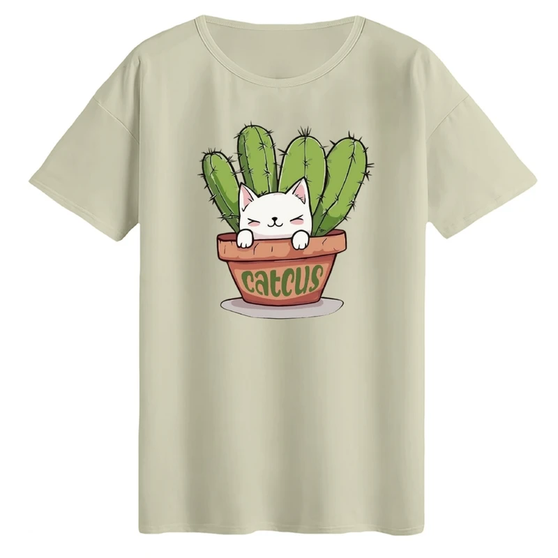 تی‌شرت لانگ آستین کوتاه زنانه مدل کاکتوس و گربه کد 2 رنگ کرم