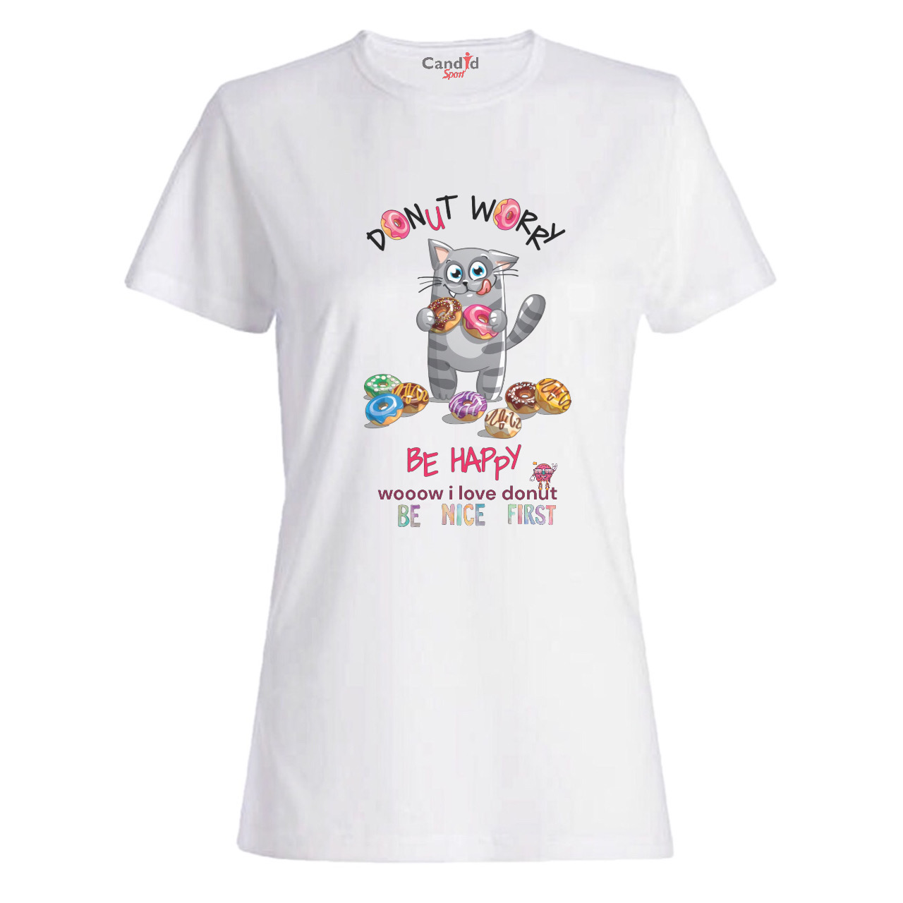 تی شرت آستین کوتاه دخترانه کاندید اسپرت طرح دونات و گربه مدل 501