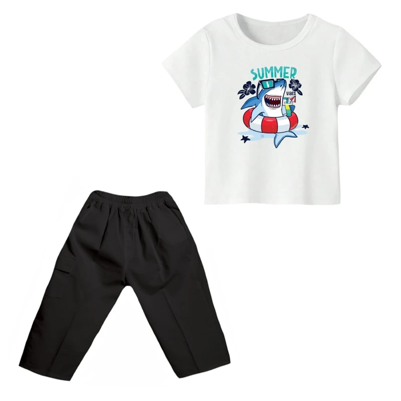 ست تی شرت و شلوارک پسرانه مدل کوسه کد ۱