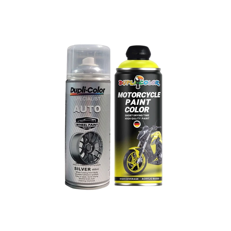 اسپری رنگ موتور سیکلت زرد فلورسنت و اسپری رنگ رینگ نقره ای دوپلی کالر مدل D2 حجم 400 میلی لیتر مجموعه 2 عددی