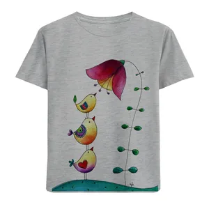 تی شرت آستین کوتاه دخترانه مدل گنجشک و گل F584