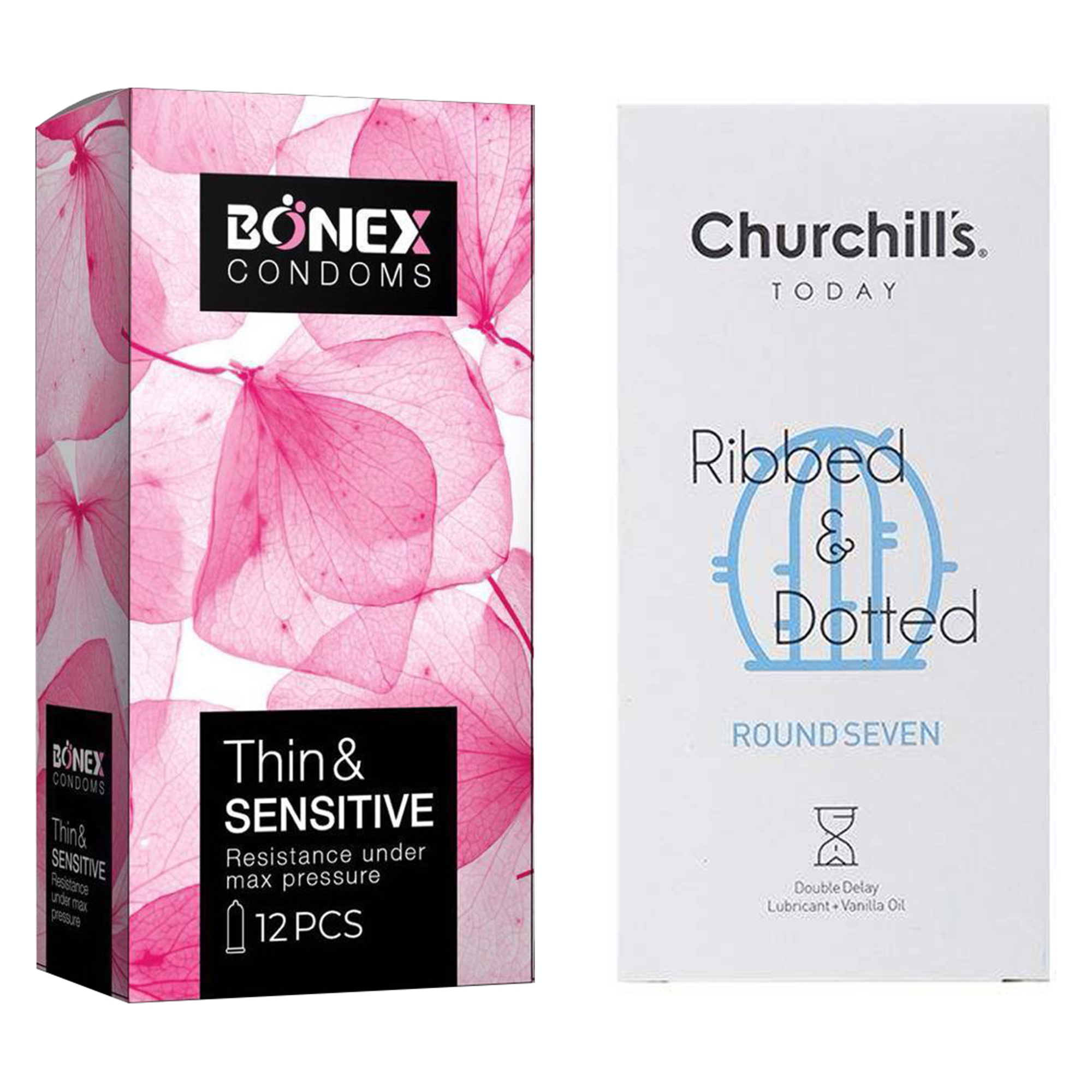 کاندوم چرچیلز مدل Round Seven بسته 12 عددی به همراه کاندوم بونکس مدل Thin & Sensitive بسته 12 عددی 