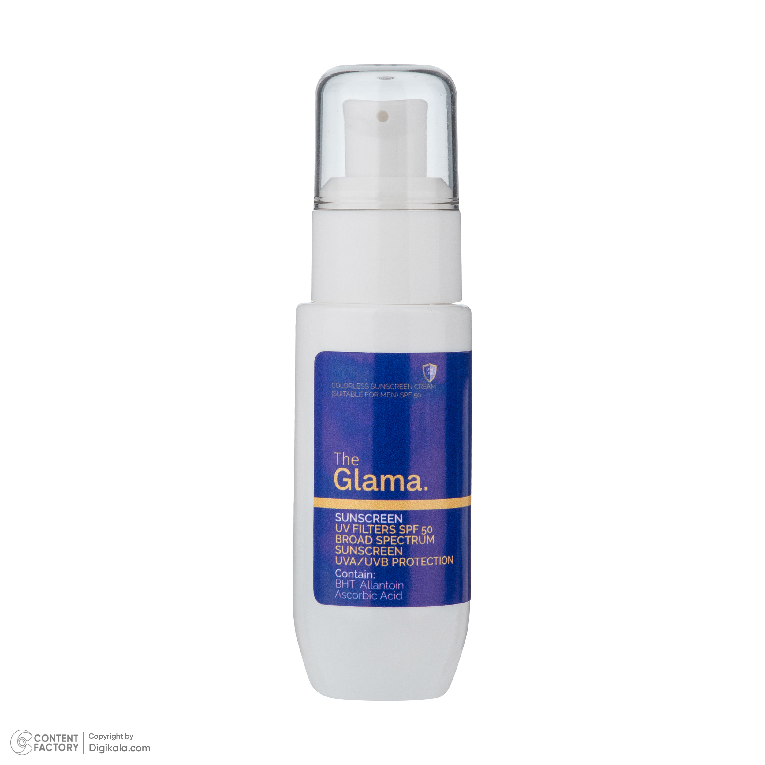 کرم ضد آفتاب بیرنگ مردانه گلاما SPF 50 مدل BHT محافظ UVA ،UVB مناسب برای انواع پوست حجم 50 میلیلیتر