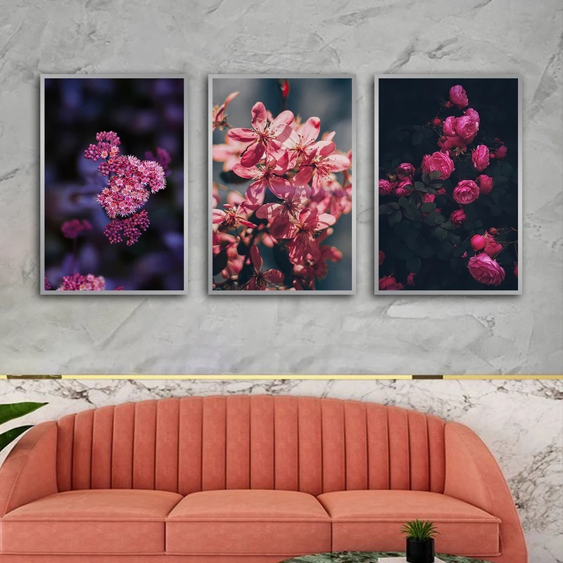 تابلو ساده بکلیت طرح طبیعت و گل مدل شاین اکلیلی SI-3007 فریم نقره ای مجموعه 3 عددی