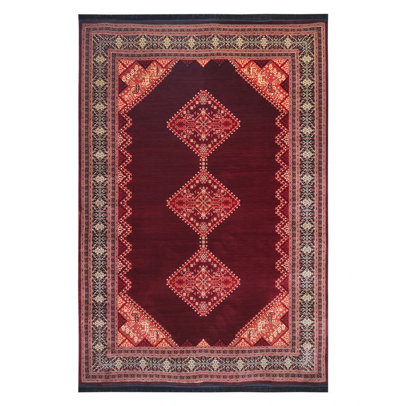 فرش ماشینی 700 شانه فرش مشهد زمینه لاکی حاشیه سرمه ای مدل 871359