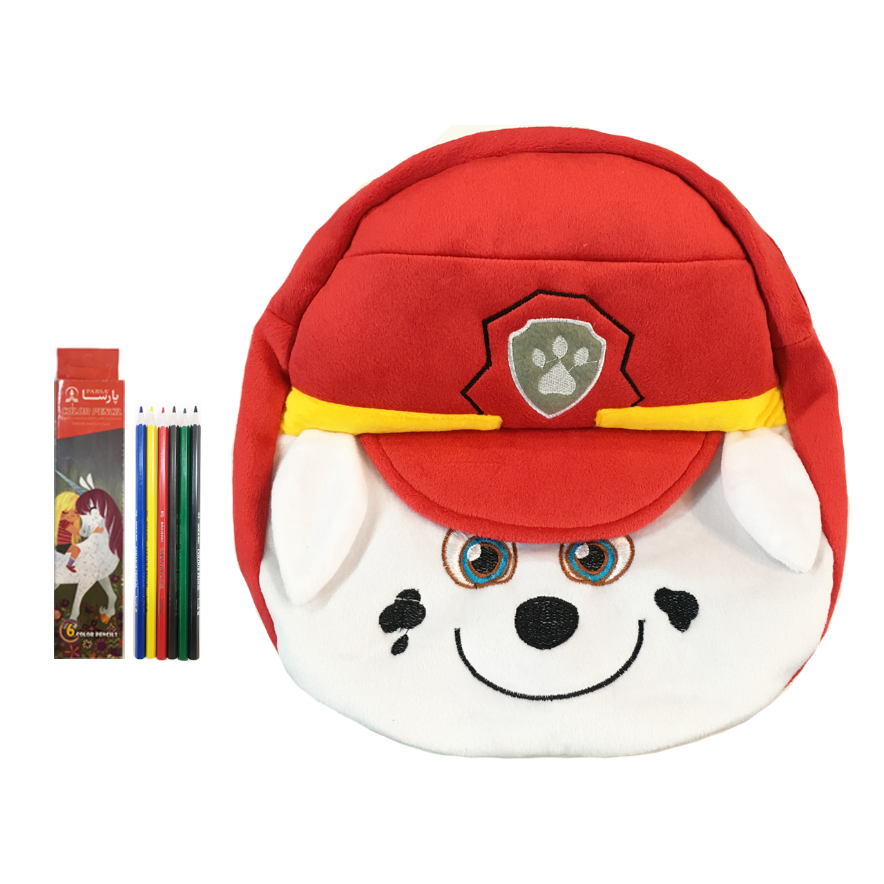 کوله پشتی کودک مدل سگ نگهبان مارشال به همراه مداد رنگی