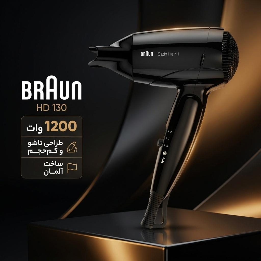 سشوار مسافرتی براون مدل HD 130 با توان 1200 وات، موتور DC، تنظیم دما و سرعت در دو حالت، فناوری تولید یون، کاهش وز مو، دسته تاشو و متمرکزکننده باریک سشوار مسافرتی براون مدل HD 130 با توان 1200 وات، موتور DC، تنظیم دما و سرعت در دو حالت، فناوری تولید یون، کاهش وز مو، دسته تاشو و متمرکزکننده باریک