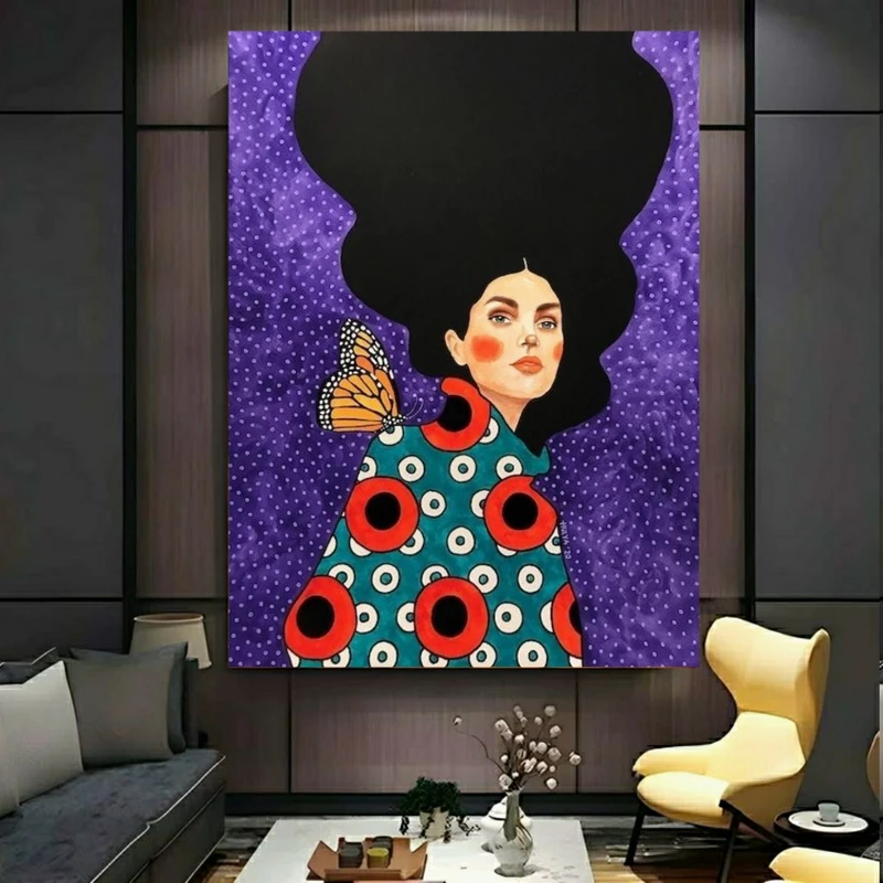 تابلو بوم طرح مخمل نقاشی بانو مدل پروانه بر دوش کد FP106253