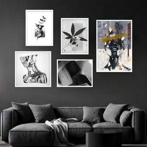 تابلو بکلیت مدل طرح نقاشی مینیمال سیاه و سفید W-942  مجموعه 5 عددی