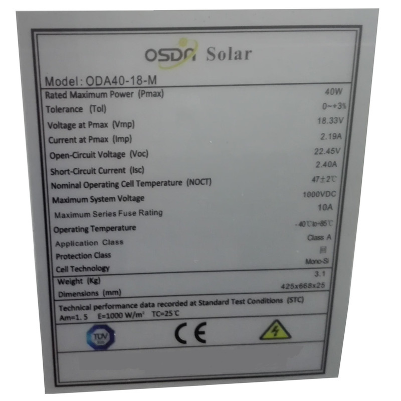 پنل خورشیدی اوسدا سولار مدل ODA40-18-M ظرفیت 40 وات پنل خورشیدی اوسدا سولار مدل ODA40-18-M ظرفیت 40 وات