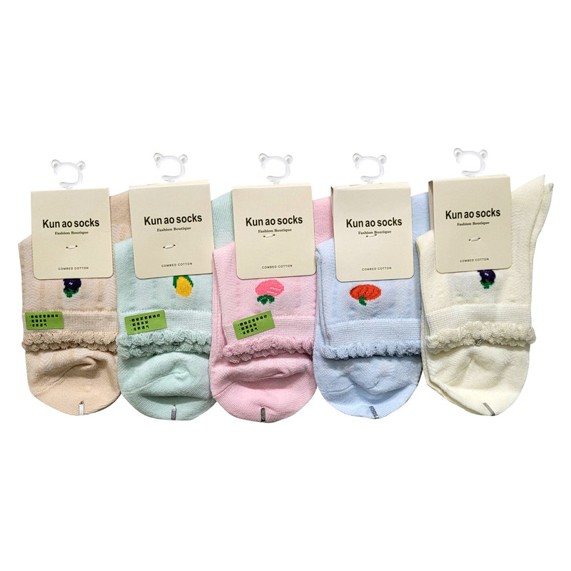 جوراب دخترانه مدل میوه ای لبه فرفری - کد 5-05033 - بسته 5 عددی
