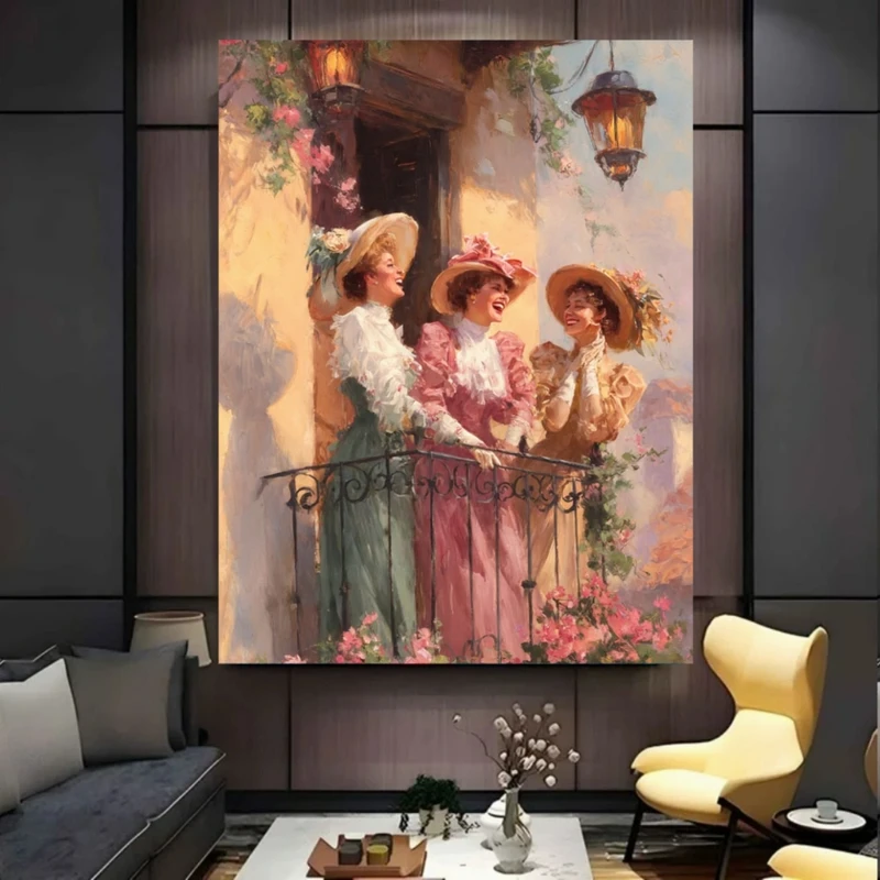پوستر پارچه ای طرح مخمل  کلاسیک مدل بانوان روی بالکن عمارت قدیمی کد PY1120