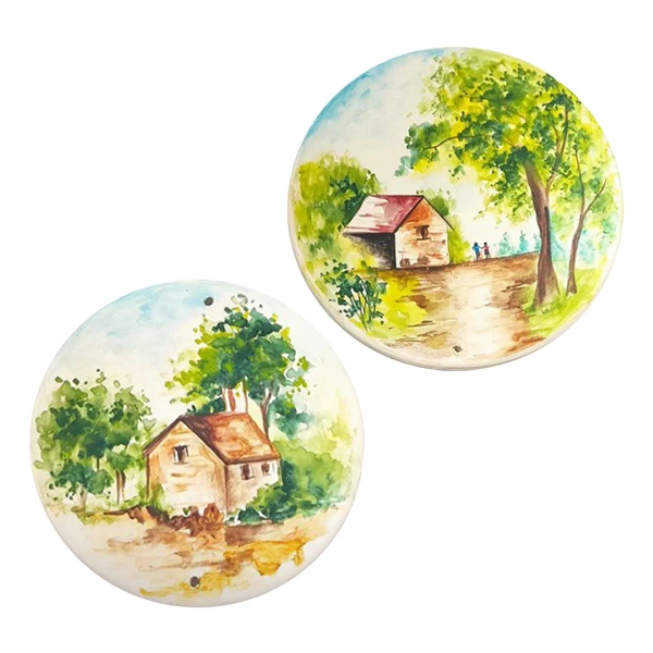 بشقاب دیوارکوب سفالی طرح کلبه کد D230 مجموعه 2 عددی
