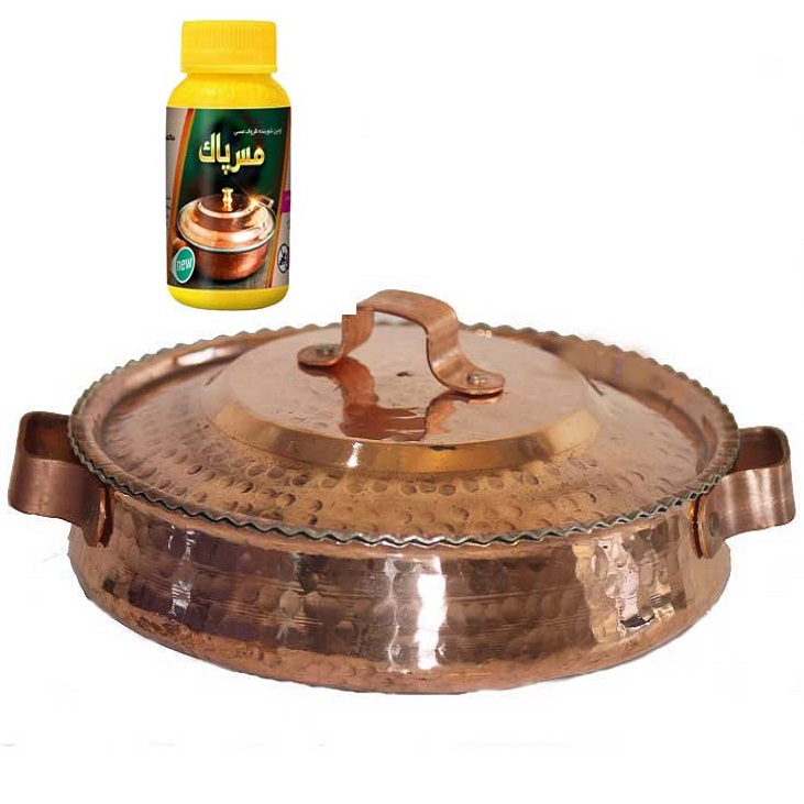 ماهیتابه مسی مدل کنگره دار سایز 30 به همراه یک عدد پودر شوینده ظروف مسی