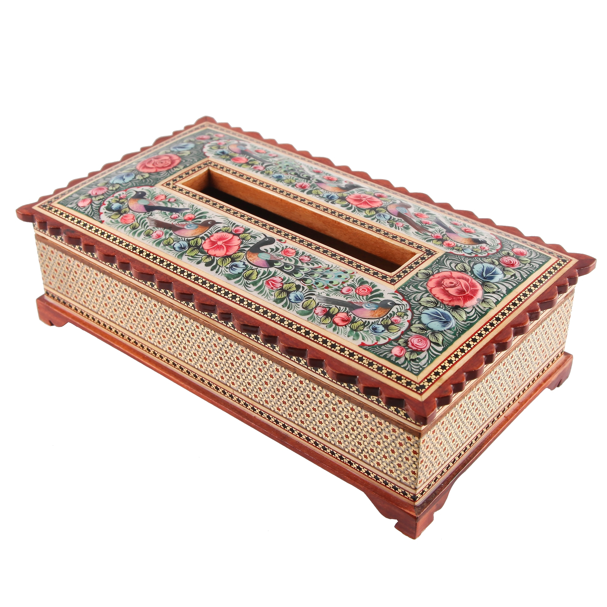 جعبه دستمال کاغذی خاتم کاری طرح گل و مرغ کد 306005