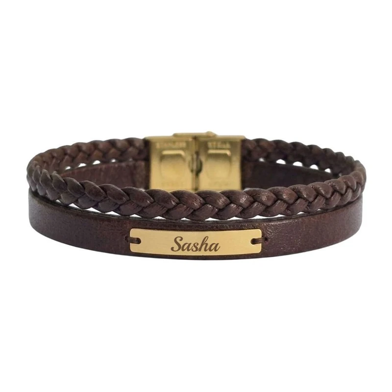 دستبند طلا 18 عیار مردانه با بند چرمی لیردا مدل اسم ساشا 125050