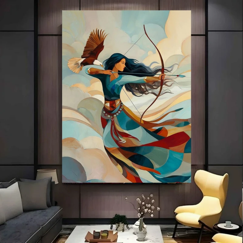 پوستر پارچه ای طرح مخمل  حماسی مدل زن کماندار و عقاب کد PY1067