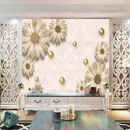 پوستر دیواری سه بعدی مدل گل برجسته سفید زمینه هندسی DVRF1239