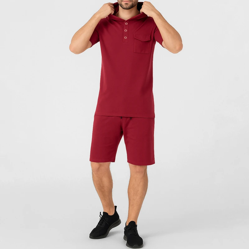 ست تی شرت کلاهدار و شلوارک مردانه مادر مدل Taco رنگ زرشکی