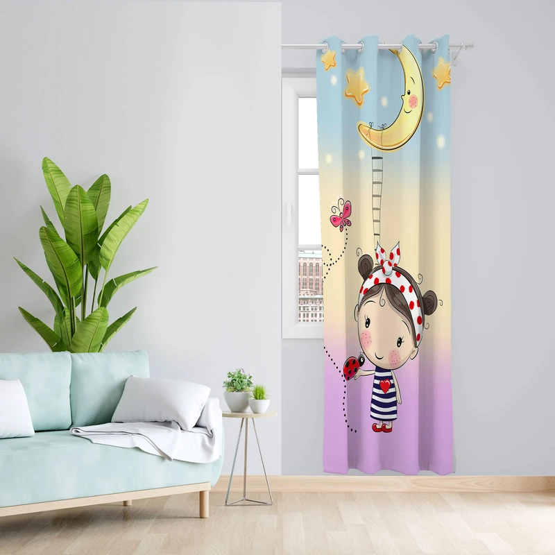 پرده مدل دختر و کفش دوزک مخمل پانچی کد 4565 سایز 140x280 سانتی متر