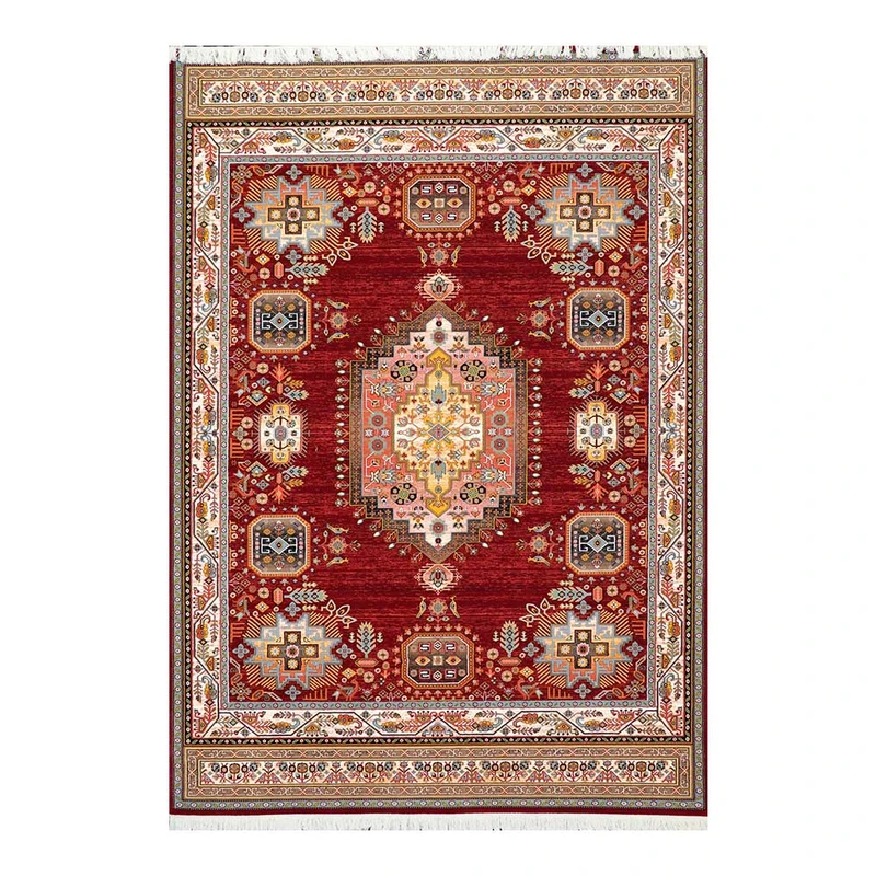 فرش ماشینی 700 شانه زمینه لاکی حاشیه لاکی مدل شاهکار نوین کد YN-N120-2550