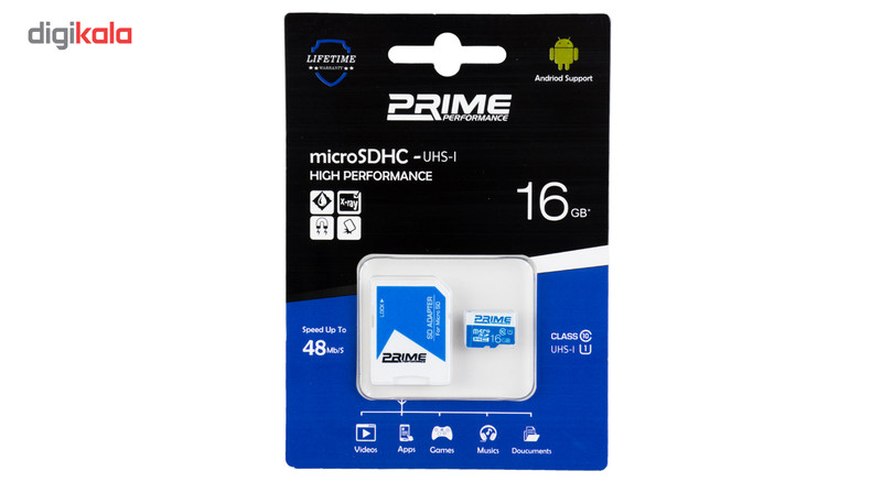 کارت حافظه microSDHC پرایم کلاس 10 استاندارد UHS-I U1 سرعت 48MBps همراه با آداپتور SD ظرفیت 16 گیگابایت