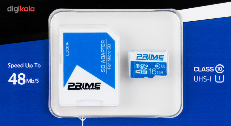 کارت حافظه microSDHC پرایم کلاس 10 استاندارد UHS-I U1 سرعت 48MBps همراه با آداپتور SD ظرفیت 16 گیگابایت