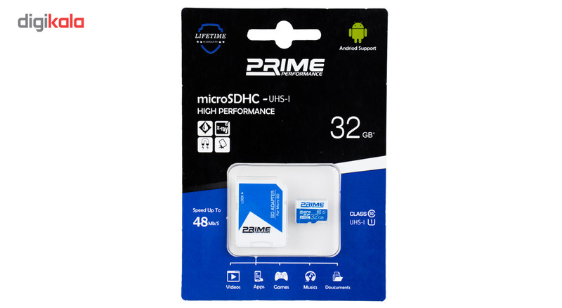 کارت حافظه microSDHC پرایم کلاس 10 استاندارد UHS-I U1 سرعت 48MBps همراه با آداپتور SD ظرفیت 32 گیگابایت