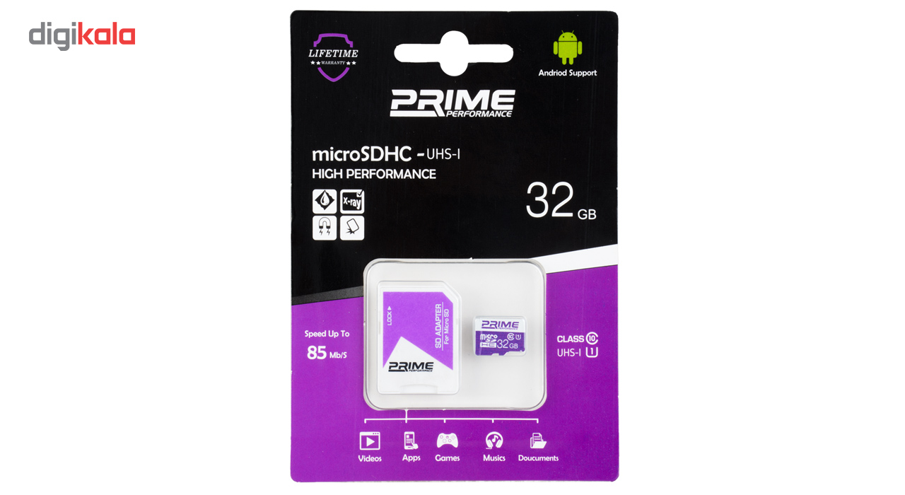 کارت حافظه microSDHC پرایم کلاس 10 استاندارد UHS-I U1 سرعت 85MBps همراه با آداپتور SD ظرفیت 32 گیگابایت