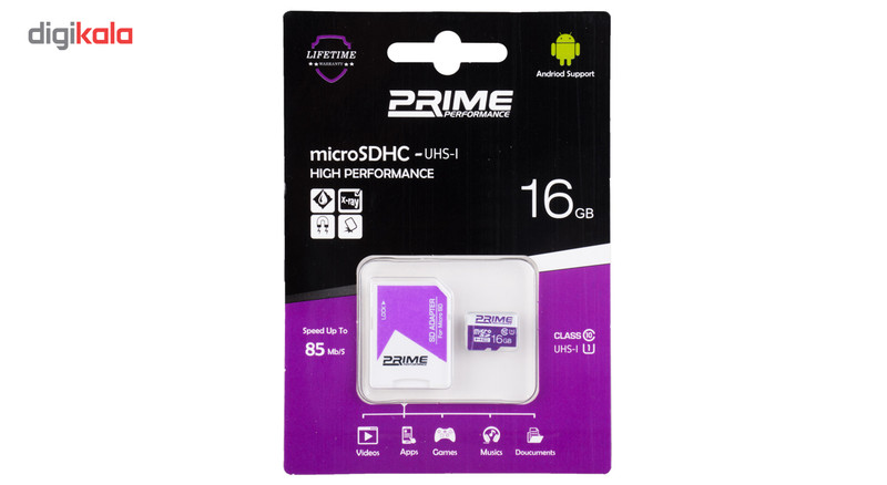 کارت حافظه microSDHC پرایم کلاس 10 استاندارد UHS-I U1 سرعت 85MBps همراه با آداپتور SD ظرفیت 16 گیگابایت
