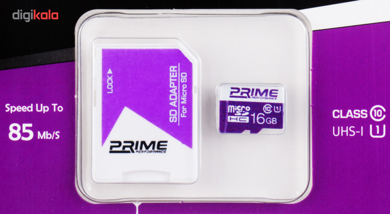کارت حافظه microSDHC پرایم کلاس 10 استاندارد UHS-I U1 سرعت 85MBps همراه با آداپتور SD ظرفیت 16 گیگابایت