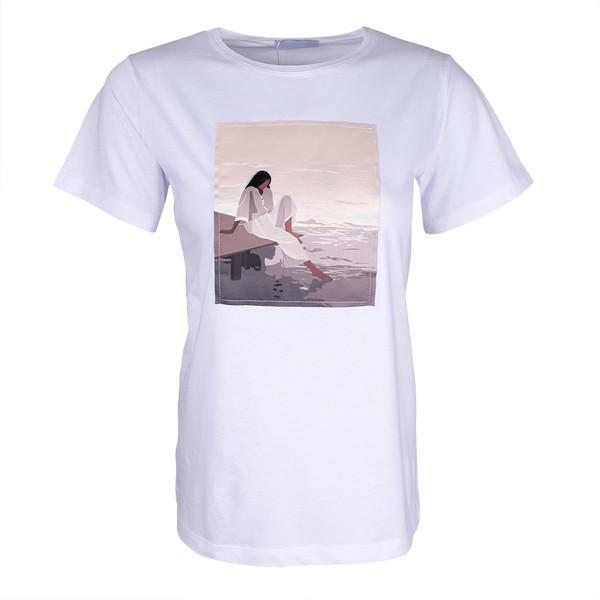 تی شرت زنانه طرح دختر و دریا رنگ سفید