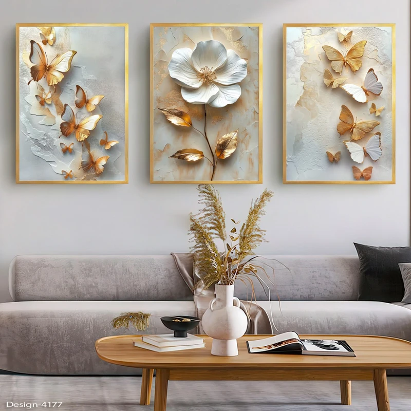 تابلو طرح دکوراتیو مدل گل و پروانه کد 4177 فریم طلایی مجموعه سه عددی