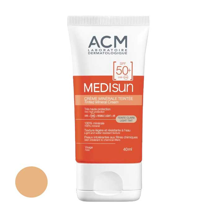 کرم ضد آفتاب رنگی ای سی ام SPF 50 مدل مدیسان محافظ UVA ،UVB ، فیلتر مینرال، مناسب انواع پوست حجم 40 میلیلیتر