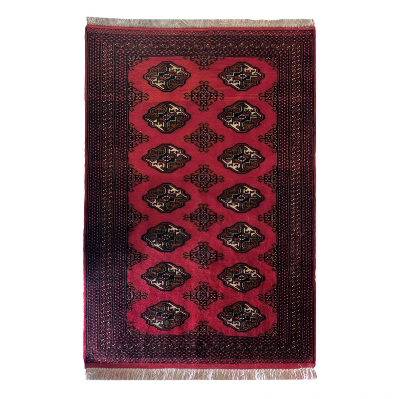 فرش دستبافت یک و نیم متری طرح ترکمن کد nkp.rj2 زمینه قرمز