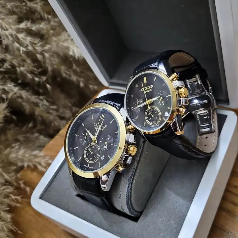 ست ساعت مچی عقربه ای  زنانه و مردانه سیتی زن مدل سه موتور فعال کورنوگراف_چرمی_قاب استیل