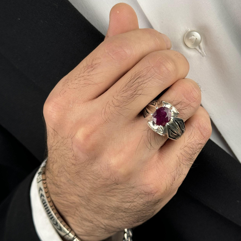 انگشتر نقره مردانه مدل یاقوت سرخ رکاب مخراج دست ساز کد AM_5118