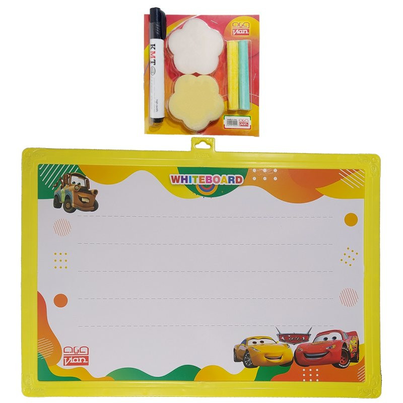 تخته وایت بورد ویان مدل ماشین ها سایز 35 × 25 سانتی‌متر به همراه پاک کن، ماژیک و گچ